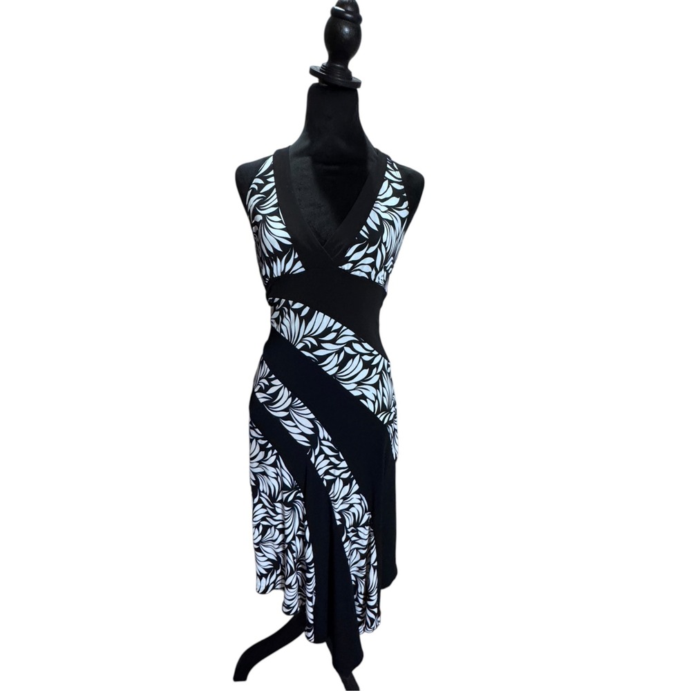 B Wear Too Byer California Halter Dress Womens S Black White Leaf Y2K Tropical